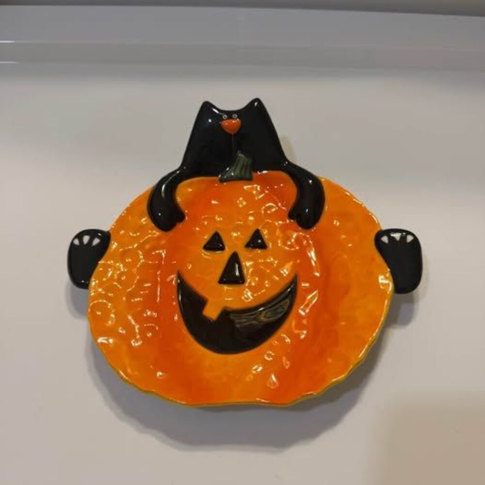 Vintage 90s Halloween Ceramic Black Cat Pumpkin Spoon Rest Candy Dish Kitsch Dec